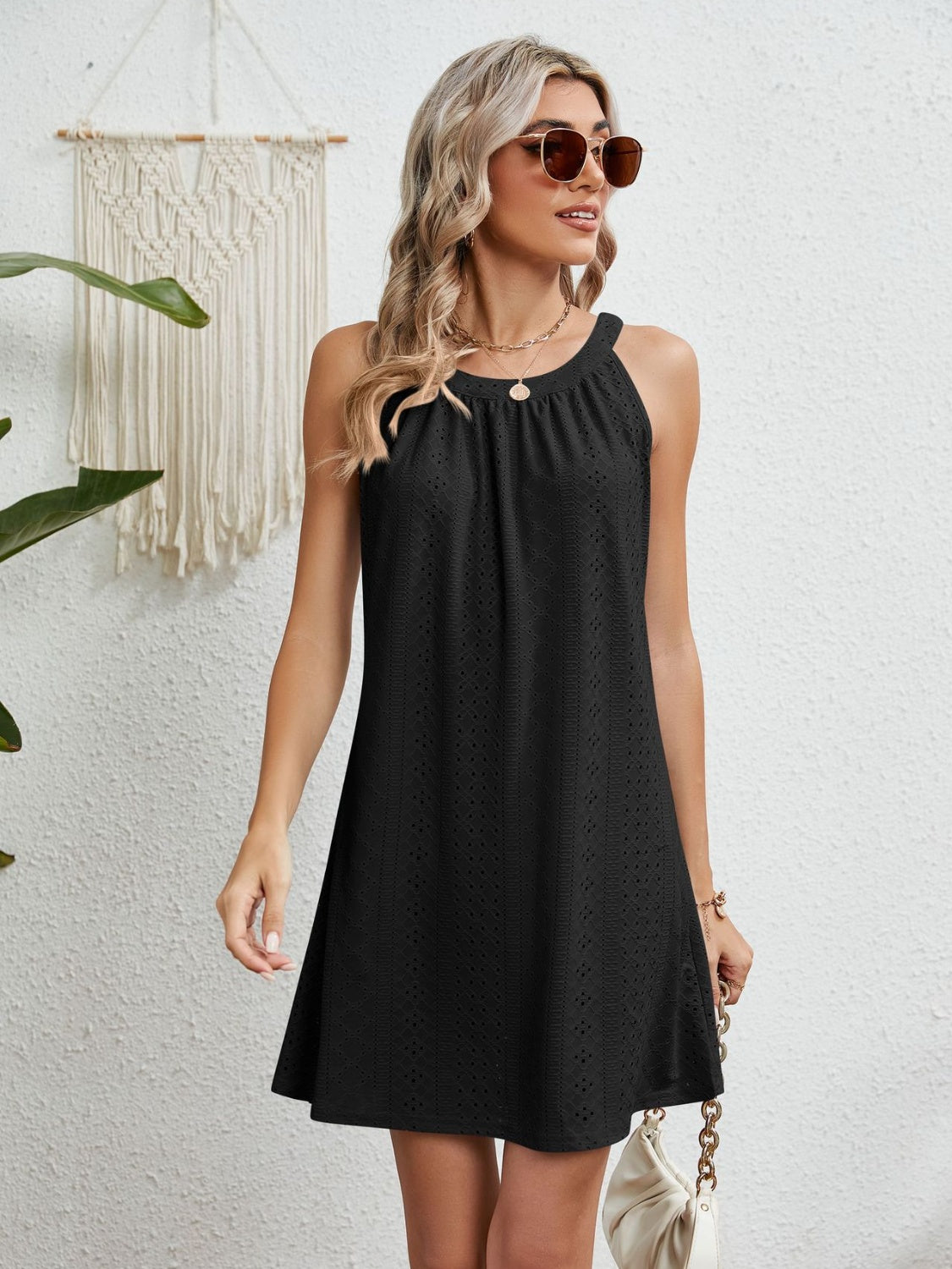 Eyelet Grecian Neck Mini Dress - store name