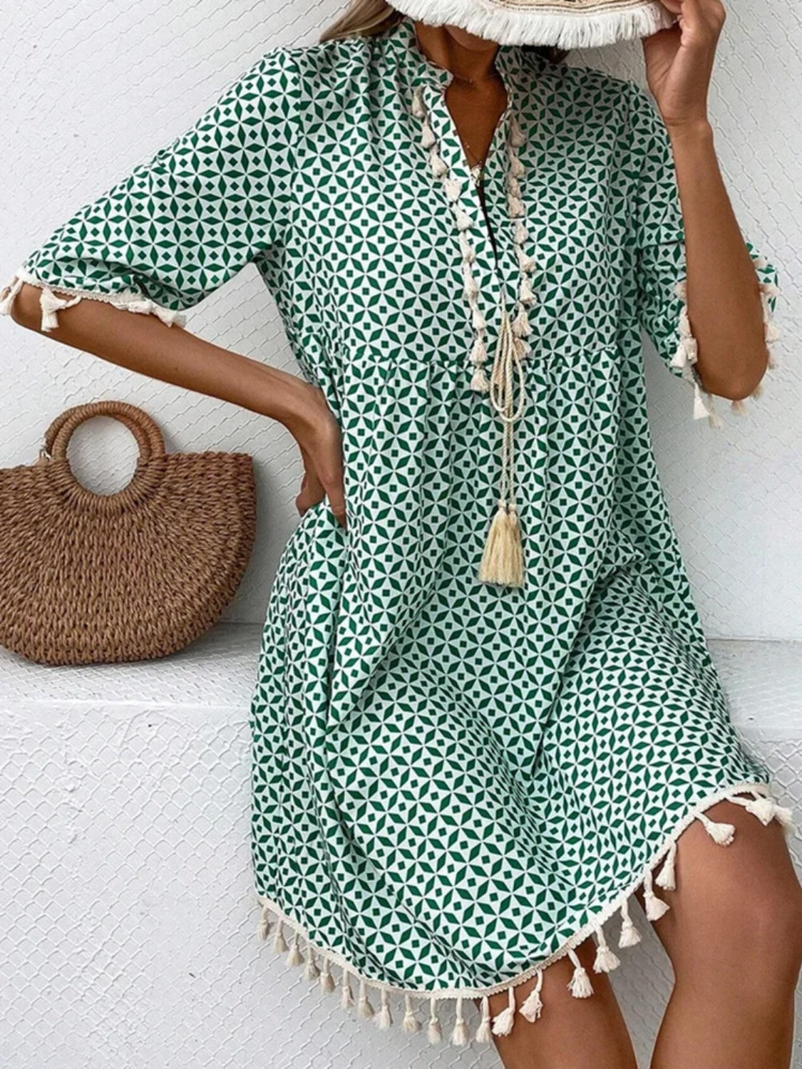 Tassel Printed Notched Half Sleeve Mini Dress - store name