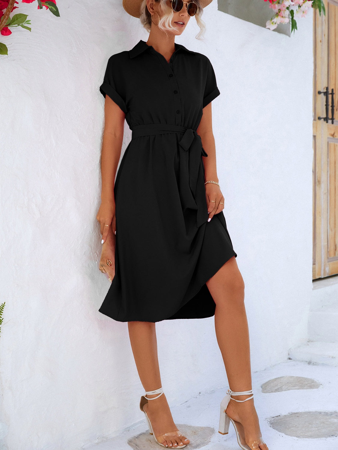 Buttoned Tie Waist Short Sleeve Dress - store name