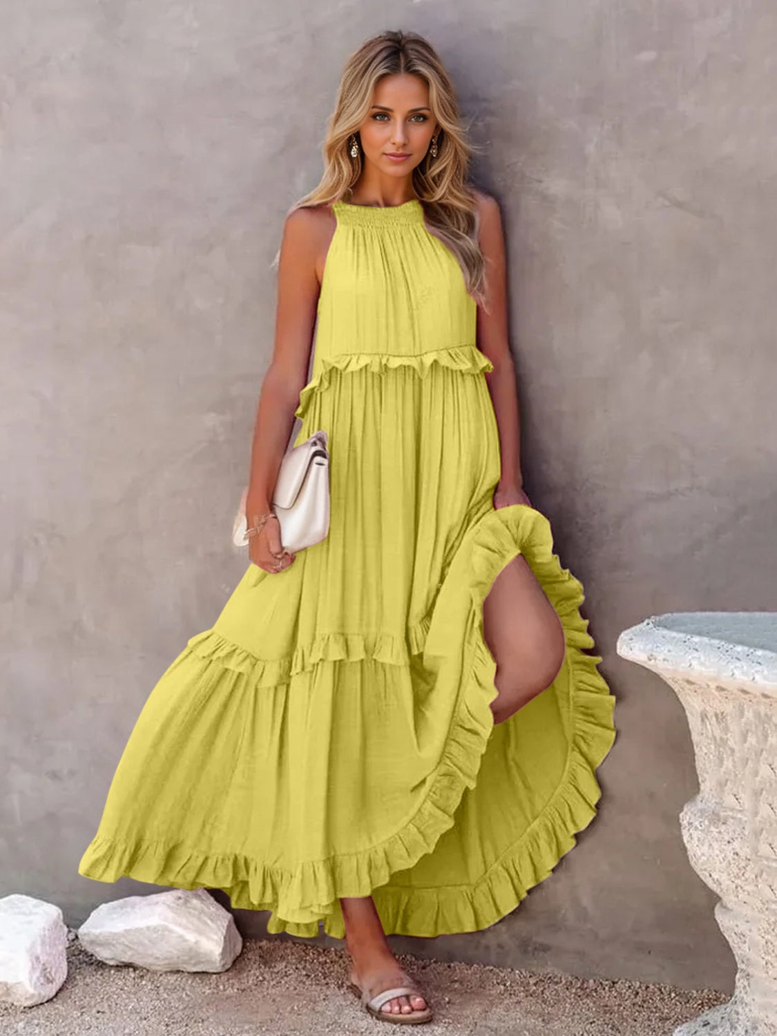 Ruffled Sleeveless Tiered Maxi Dress with Pockets - store name