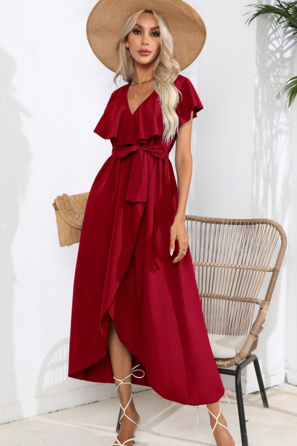 Ruffled Tied V-Neck Midi Dress - store name