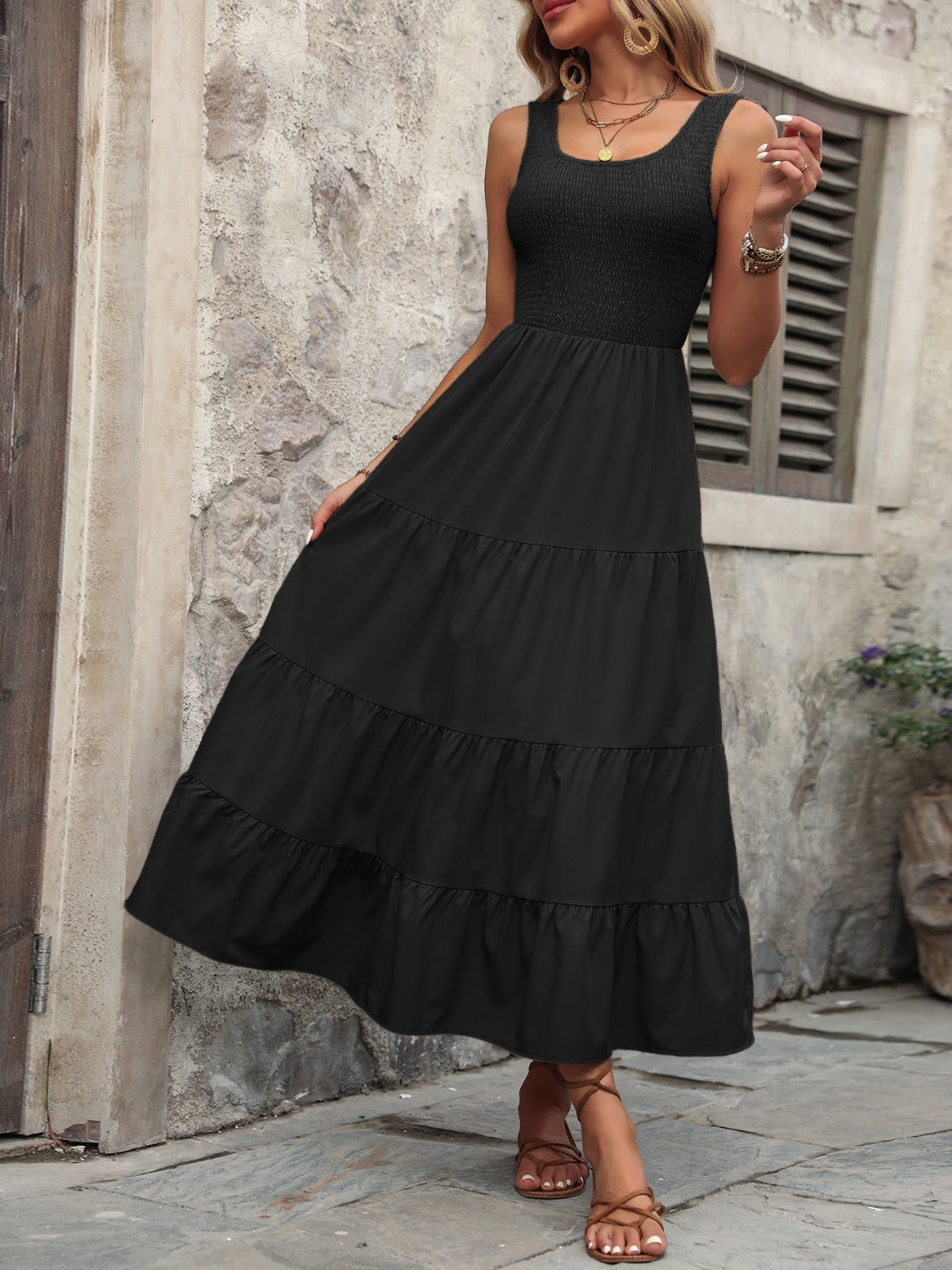 Smocked Scoop Neck Sleeveless Tank Dress - store name