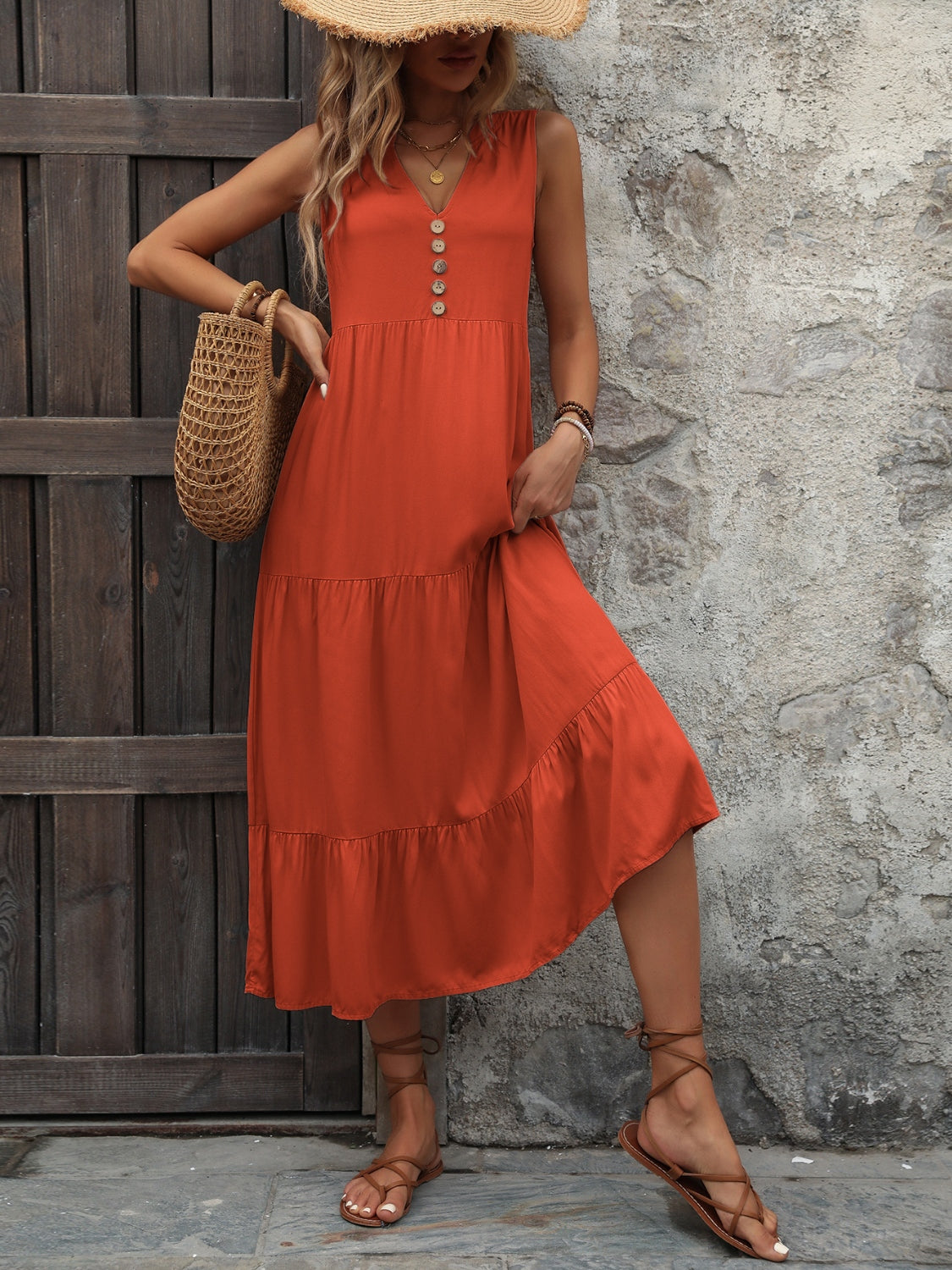 Decorative Button Notched Sleeveless Dress - store name