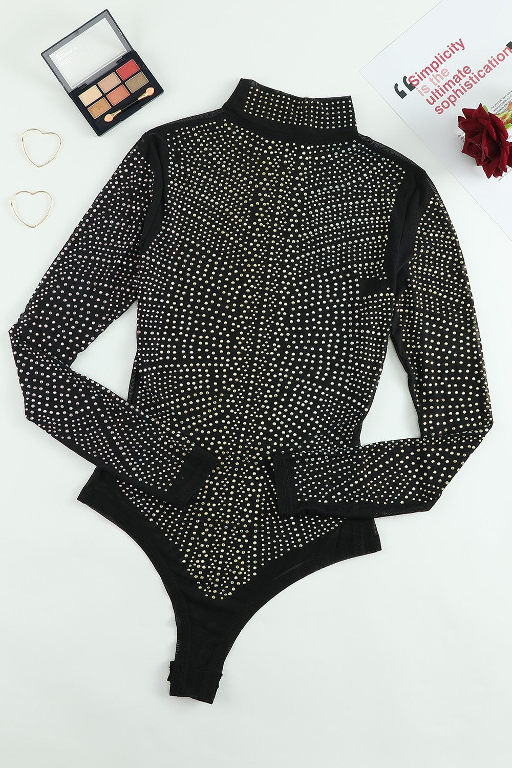 Rhinestone Mock Neck Long Sleeve Bodysuit - store name