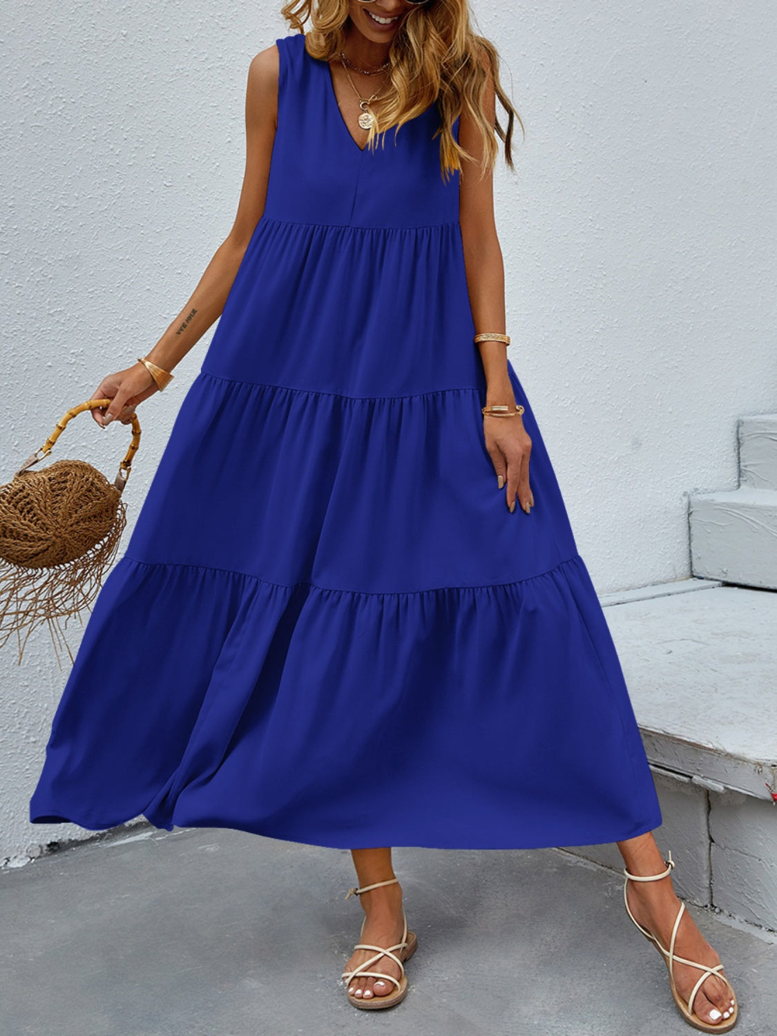 Tiered V-Neck Sleeve Dress - store name