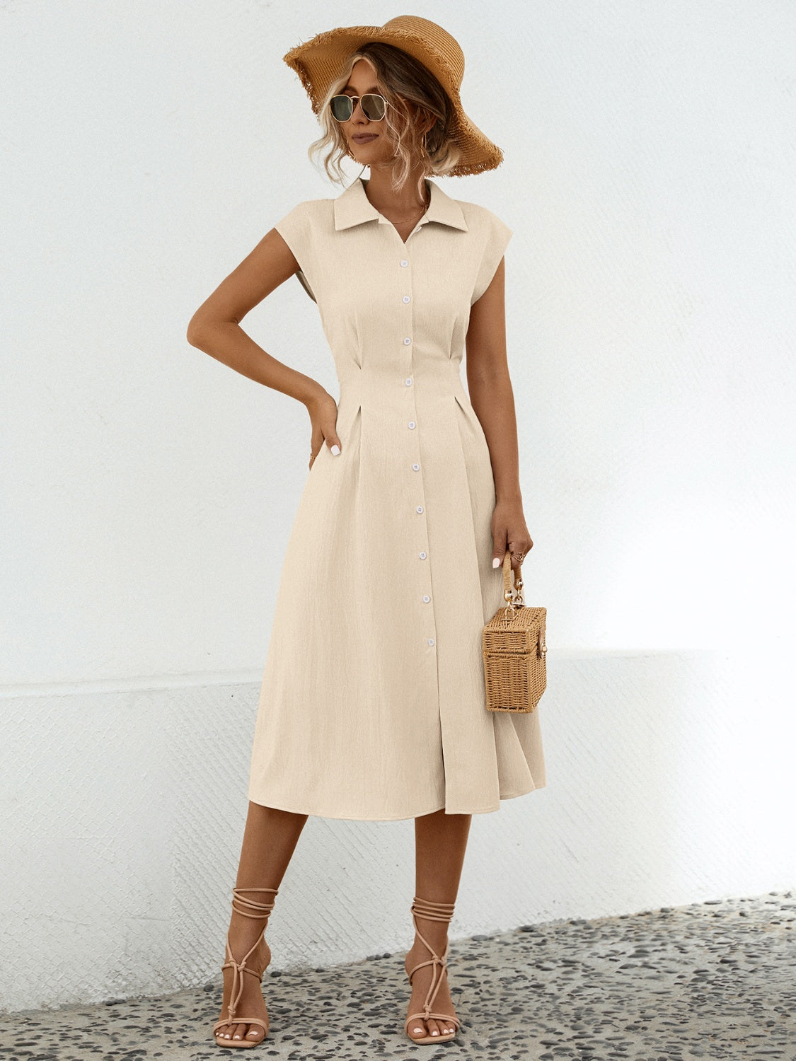 Button Up Cap Sleeve Midi Dress - store name