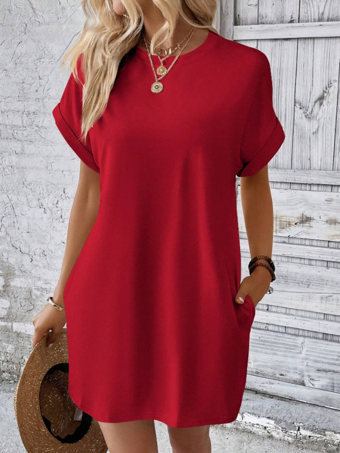 Pocketed Round Neck Short Sleeve Dress - store name