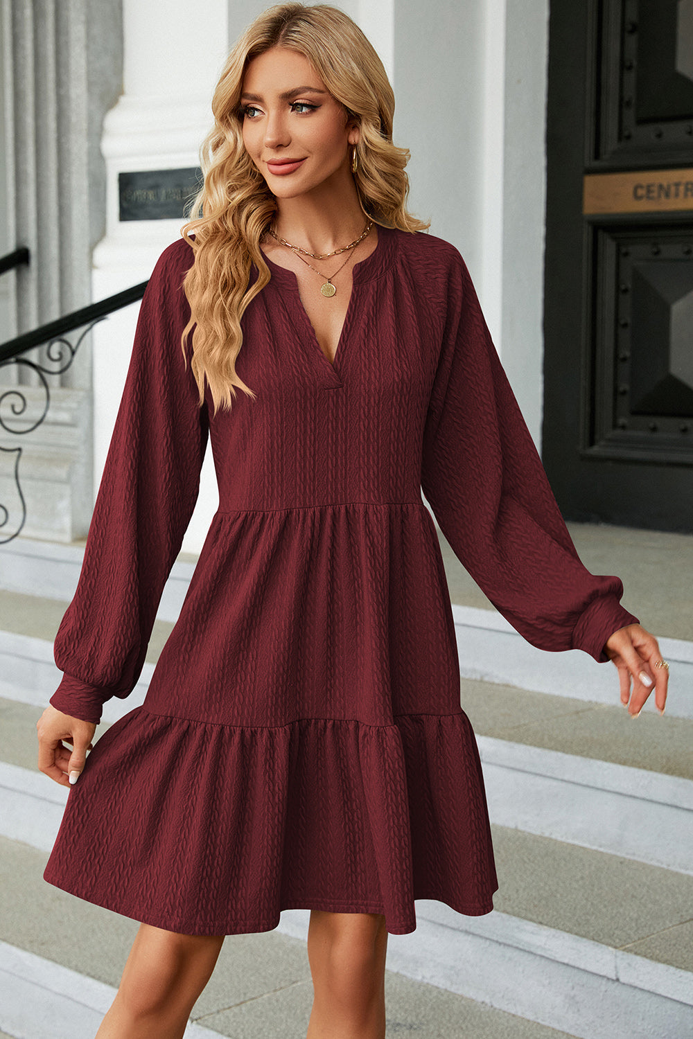 Ruched Notched Long Sleeve Mini Dress - store name