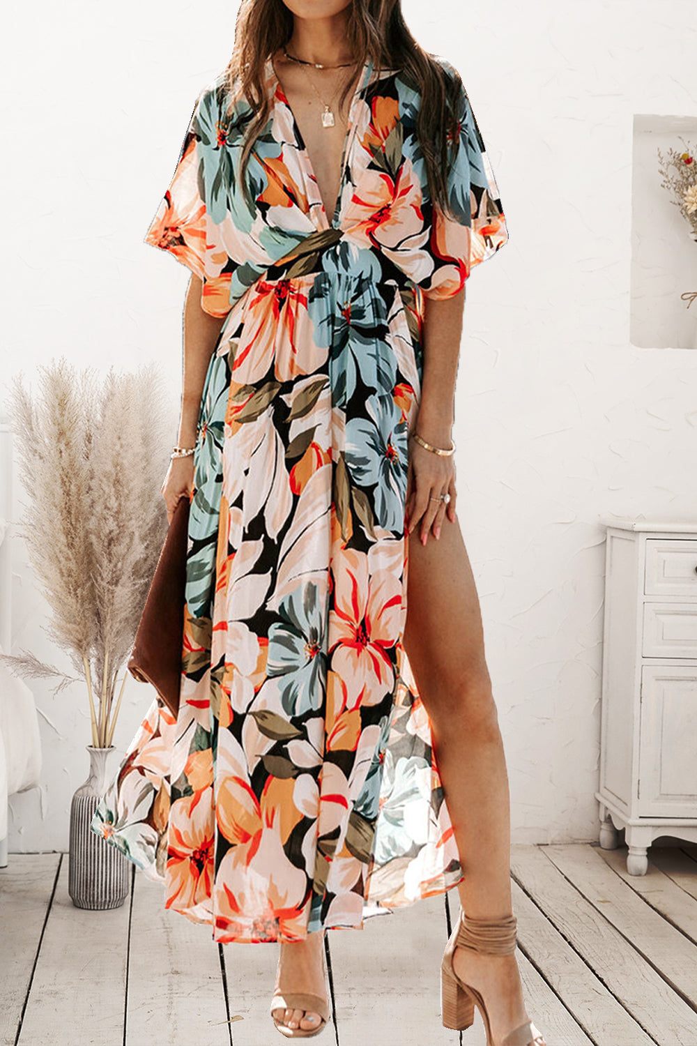 Plunge Printed Split Midi Dress - store name