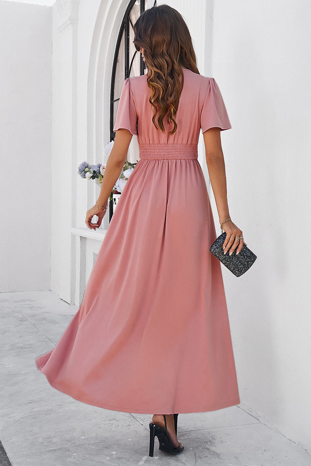 Slit V-Neck Short Sleeve Dress - store name