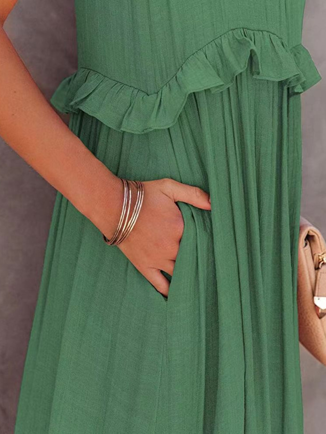 Ruffled Sleeveless Tiered Maxi Dress with Pockets - store name