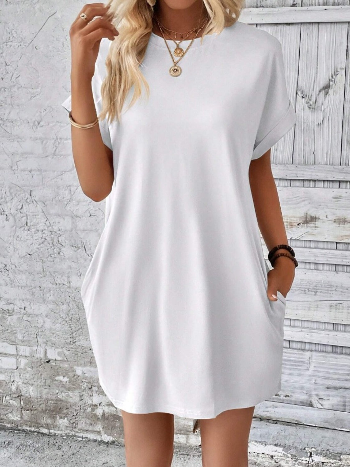 Pocketed Round Neck Short Sleeve Dress - store name