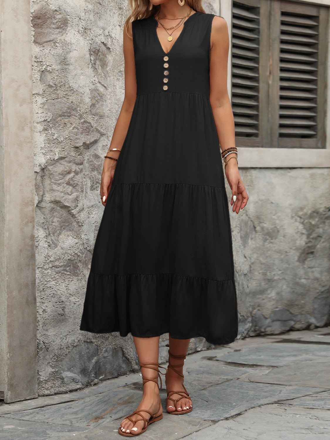 Decorative Button Notched Sleeveless Dress - store name