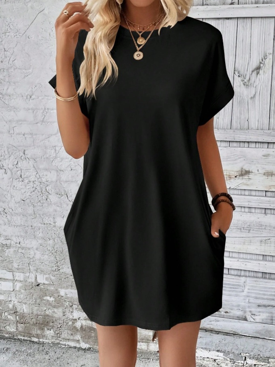 Pocketed Round Neck Short Sleeve Dress - store name