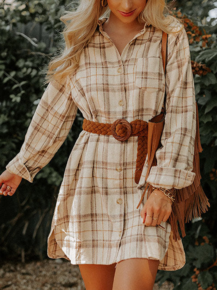 Plaid Collared Neck Long Sleeve Shirt Dress - store name