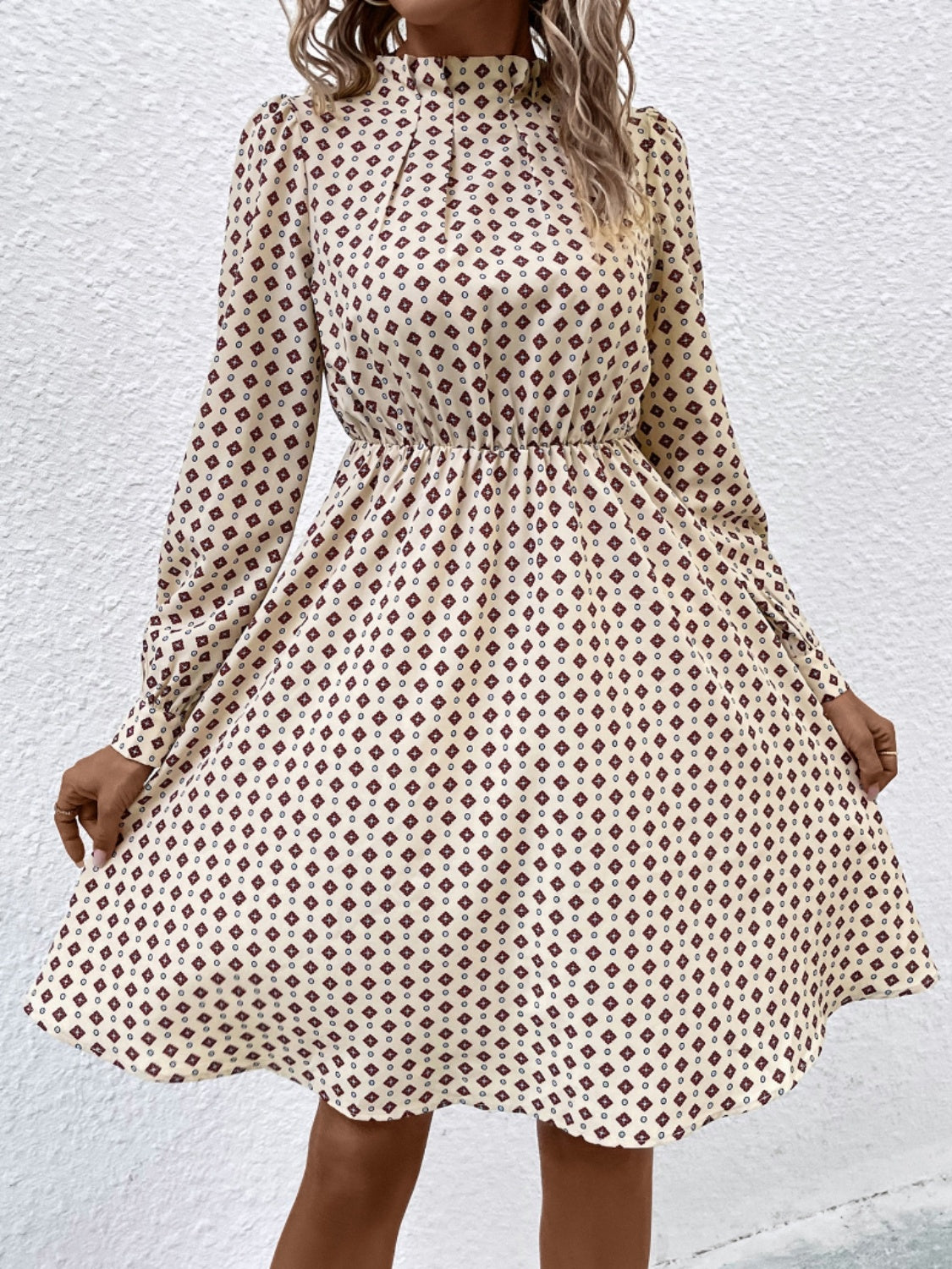 Printed Ruched Mock Neck Long Sleeve Dress - store name