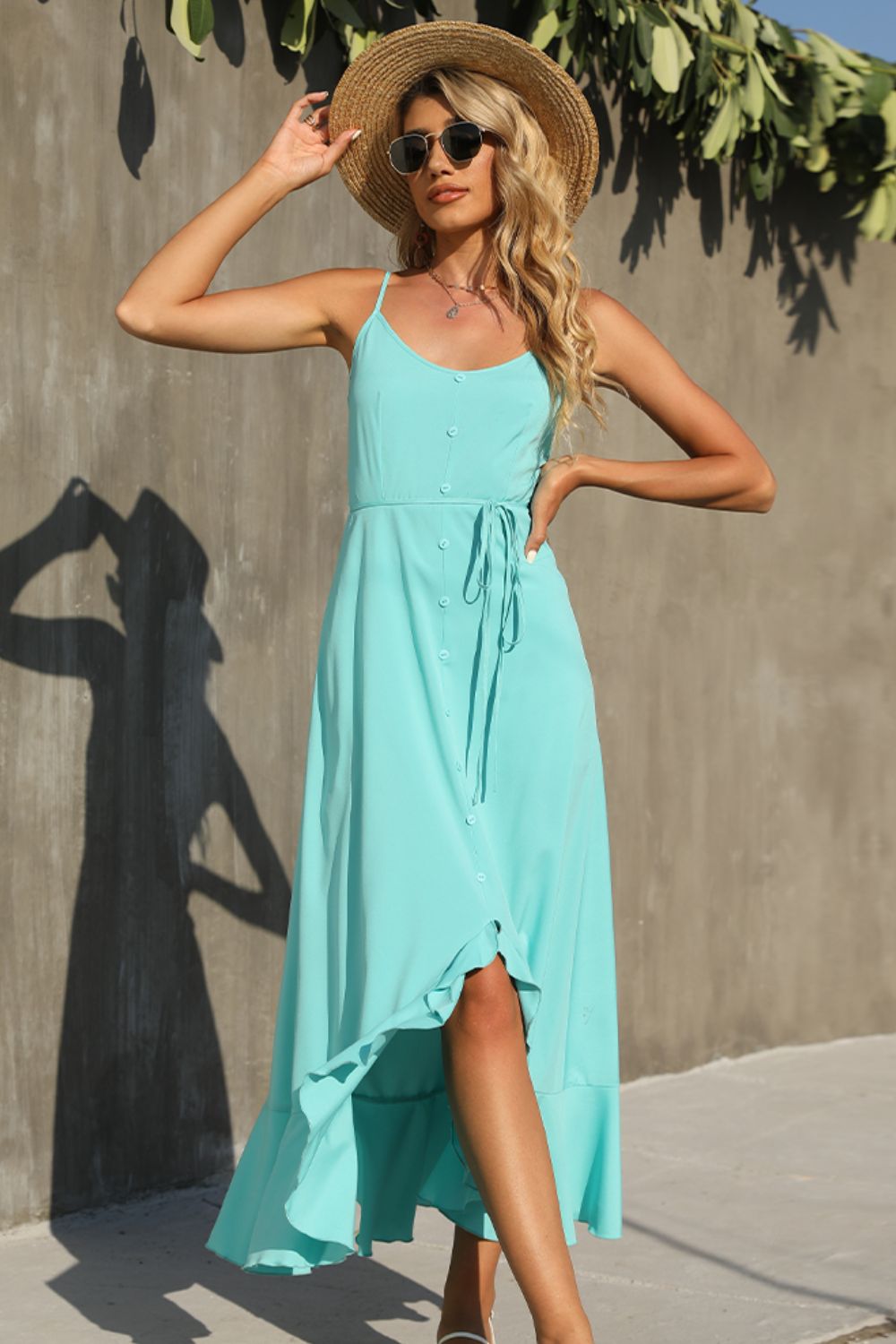 Decorative Button Spaghetti Strap Ruffle Hem Dress - store name