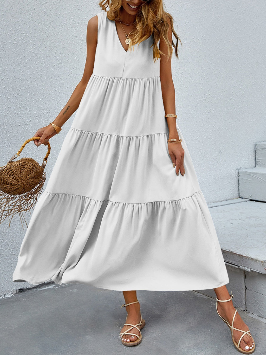 Tiered V-Neck Sleeve Dress - store name