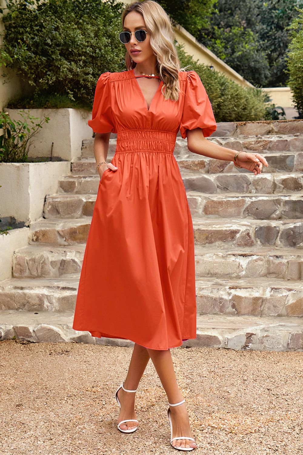 Puff Sleeve Smocked Waist Midi Dress - store name