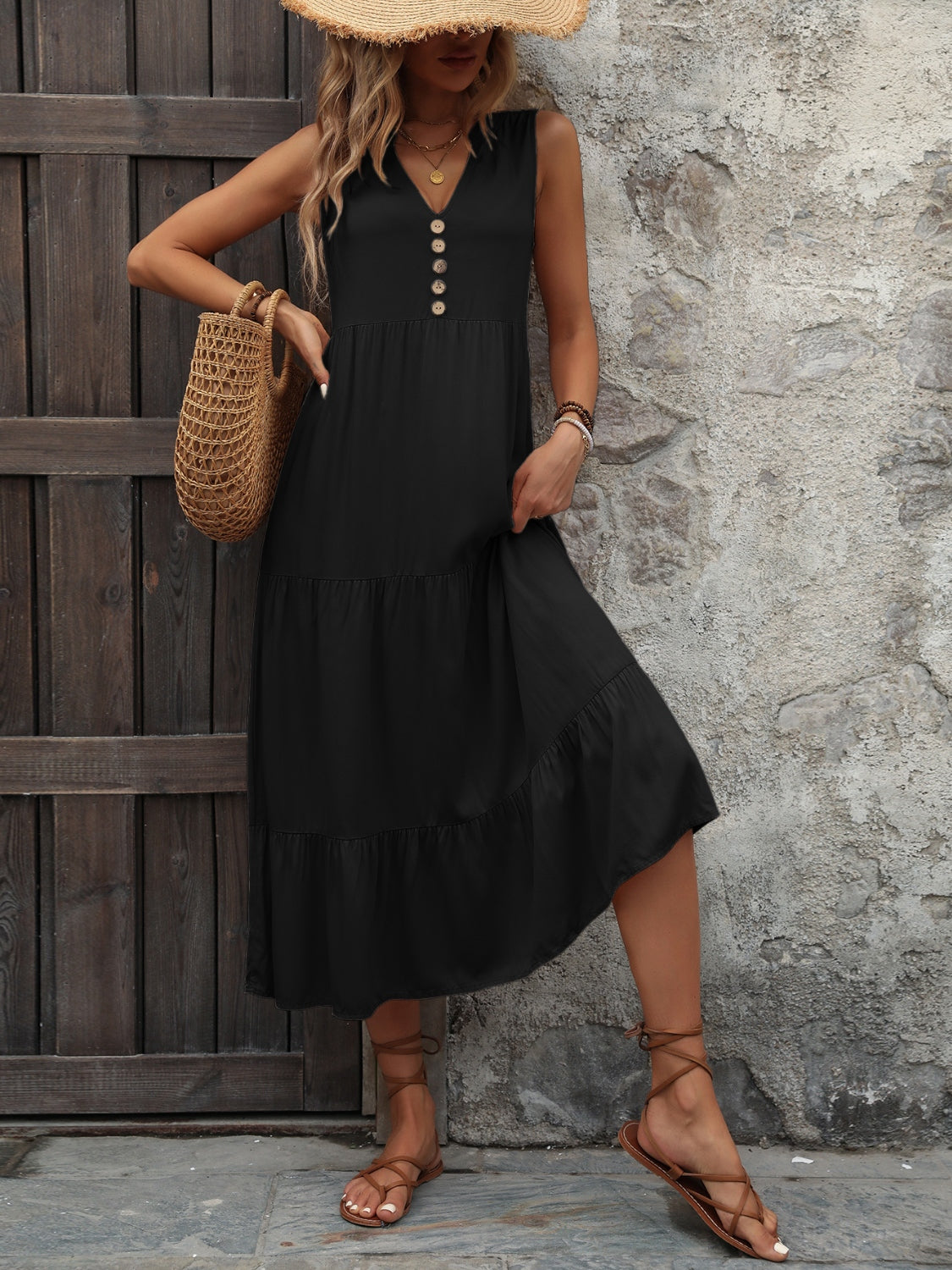 Decorative Button Notched Sleeveless Dress - store name