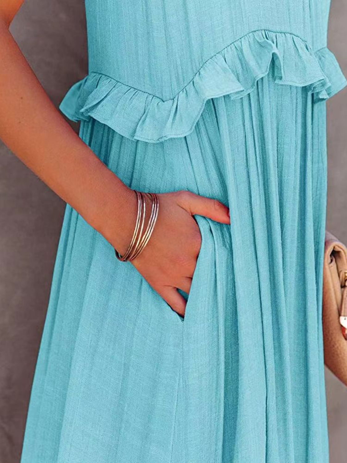Ruffled Sleeveless Tiered Maxi Dress with Pockets - store name