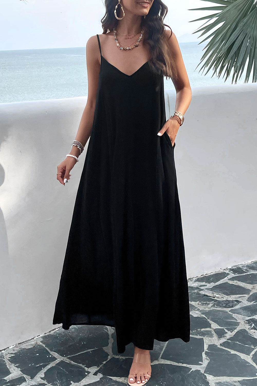 Backless Maxi Cami Dress with Pockets - store name