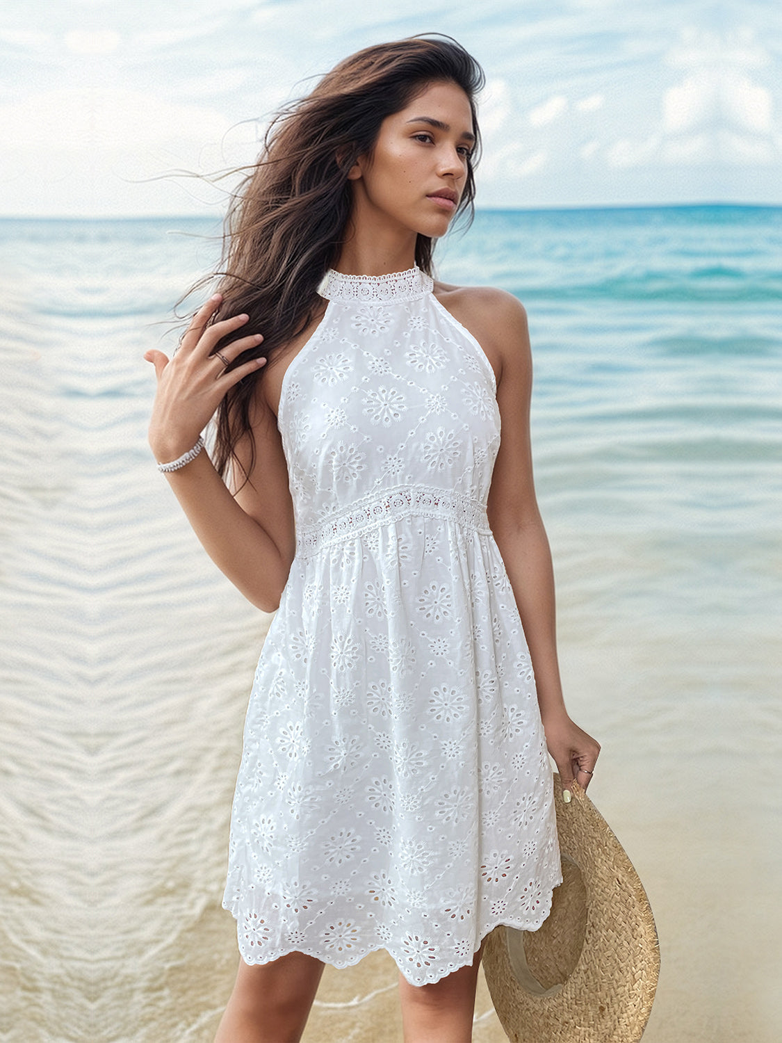 Eyelet Grecian Neck Mini Dress - store name