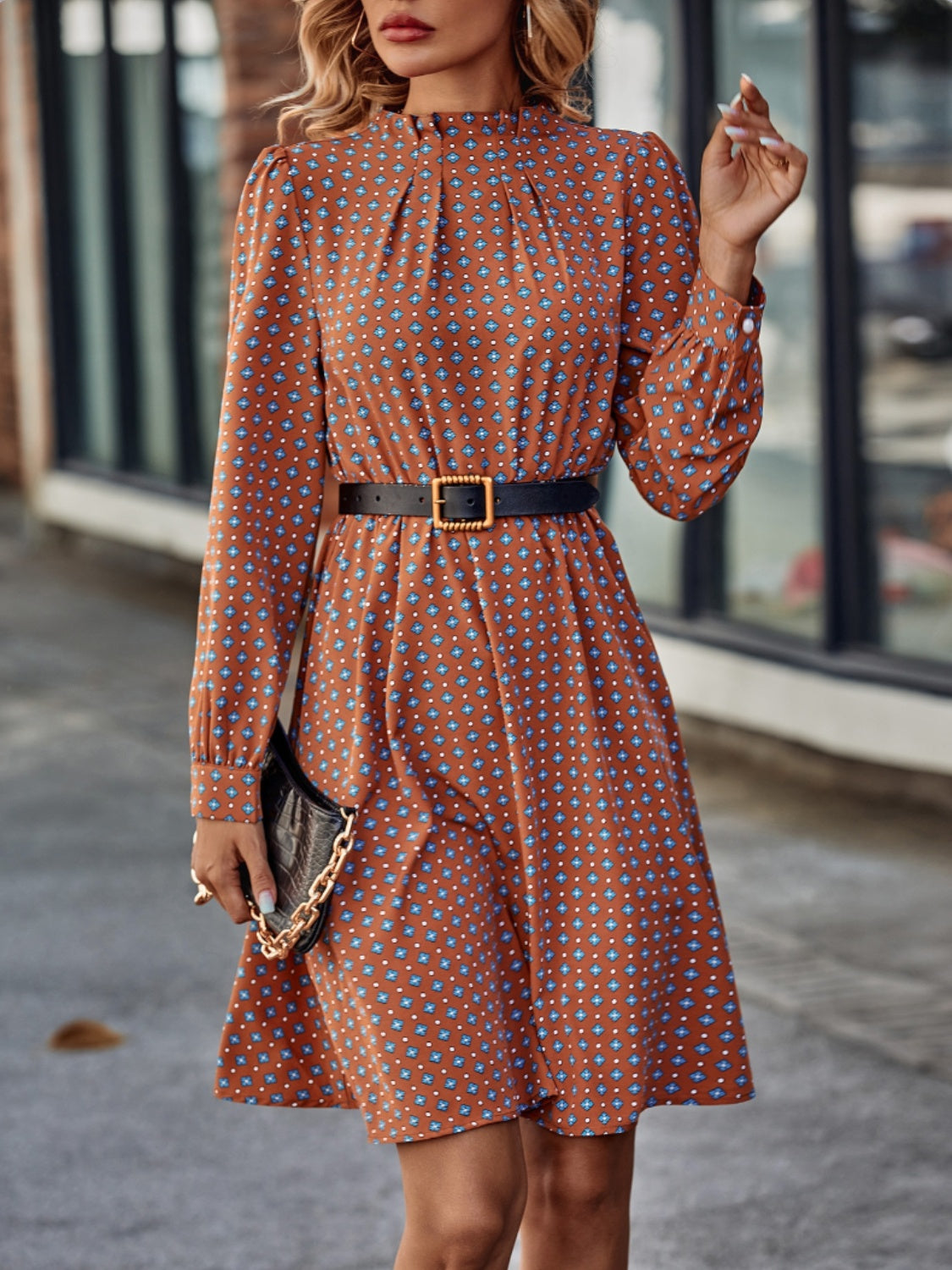 Printed Ruched Mock Neck Long Sleeve Dress - store name