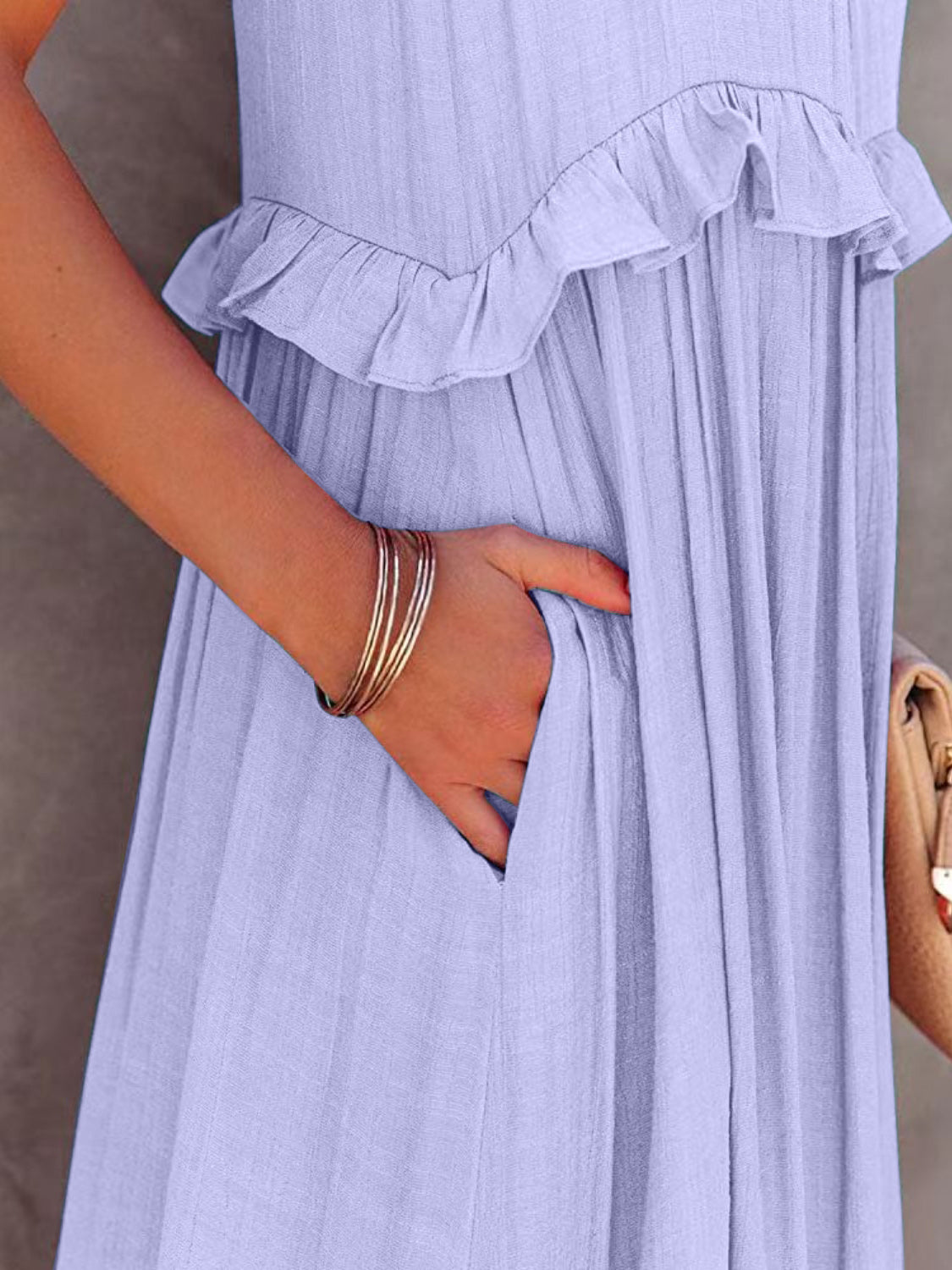 Ruffled Sleeveless Tiered Maxi Dress with Pockets - store name