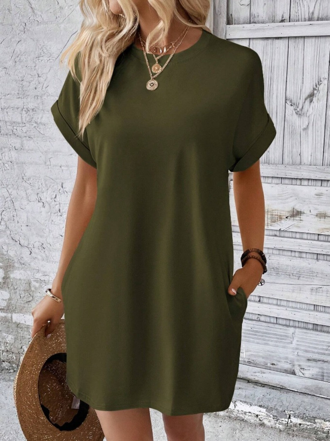 Pocketed Round Neck Short Sleeve Dress - store name