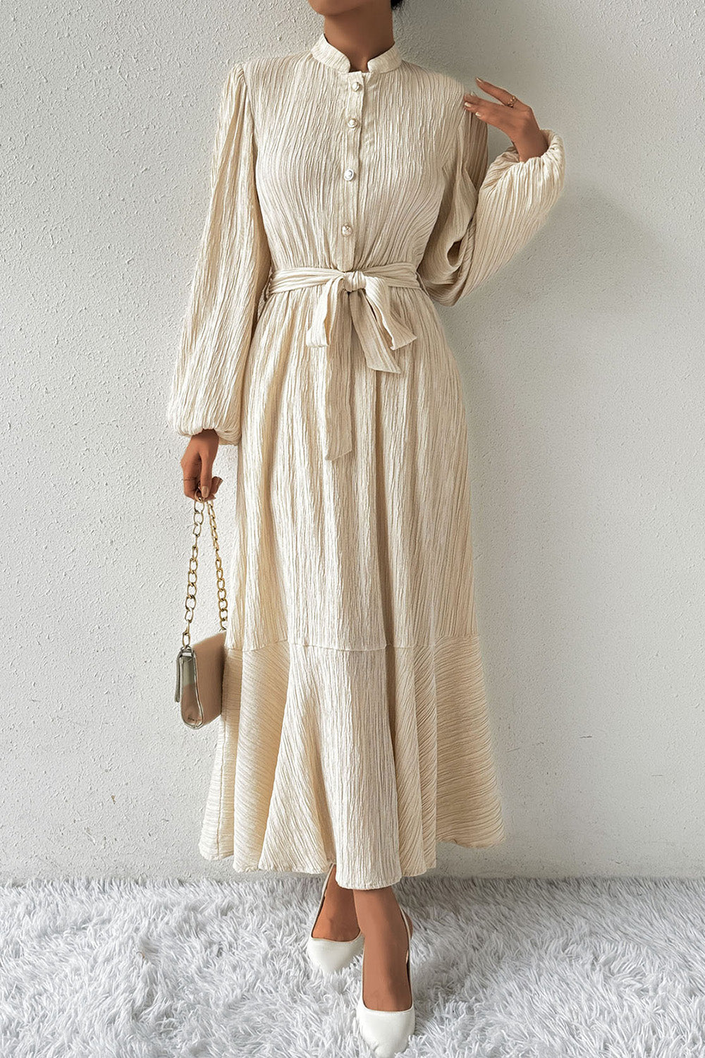 Tied Button Up Balloon Sleeve Dress - store name