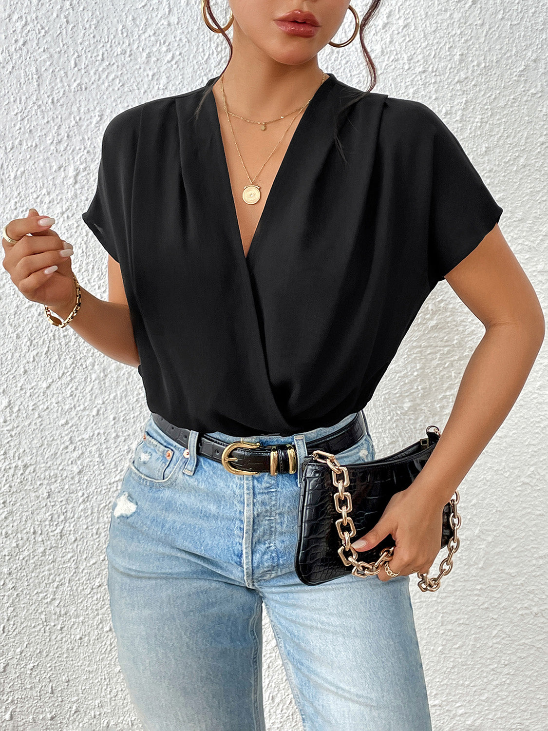 Surplice Short Sleeve Ruched Bodysuit - store name