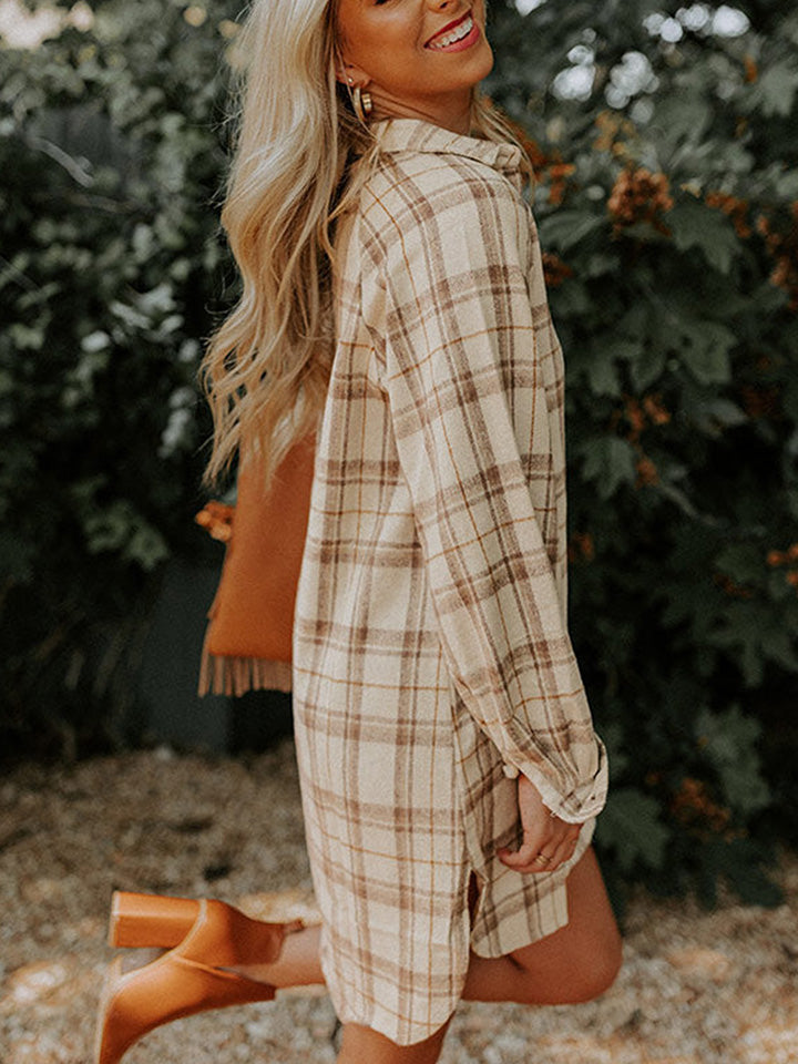 Plaid Collared Neck Long Sleeve Shirt Dress - store name