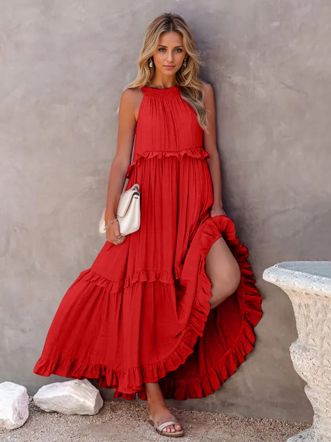 Ruffled Sleeveless Tiered Maxi Dress with Pockets - store name