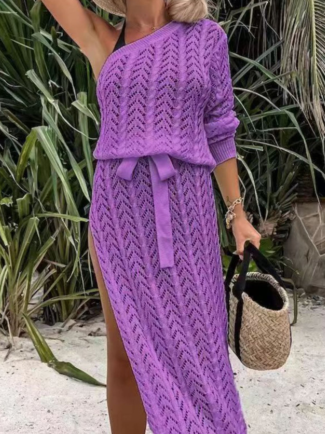 Slit Openwork Single Shoulder Knit Dress - store name