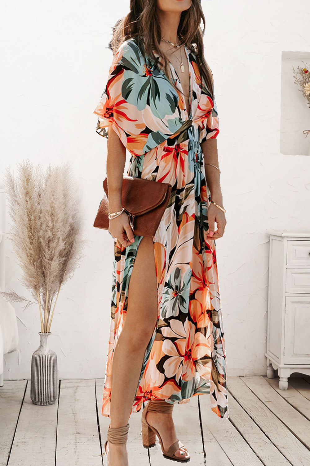 Plunge Printed Split Midi Dress - store name