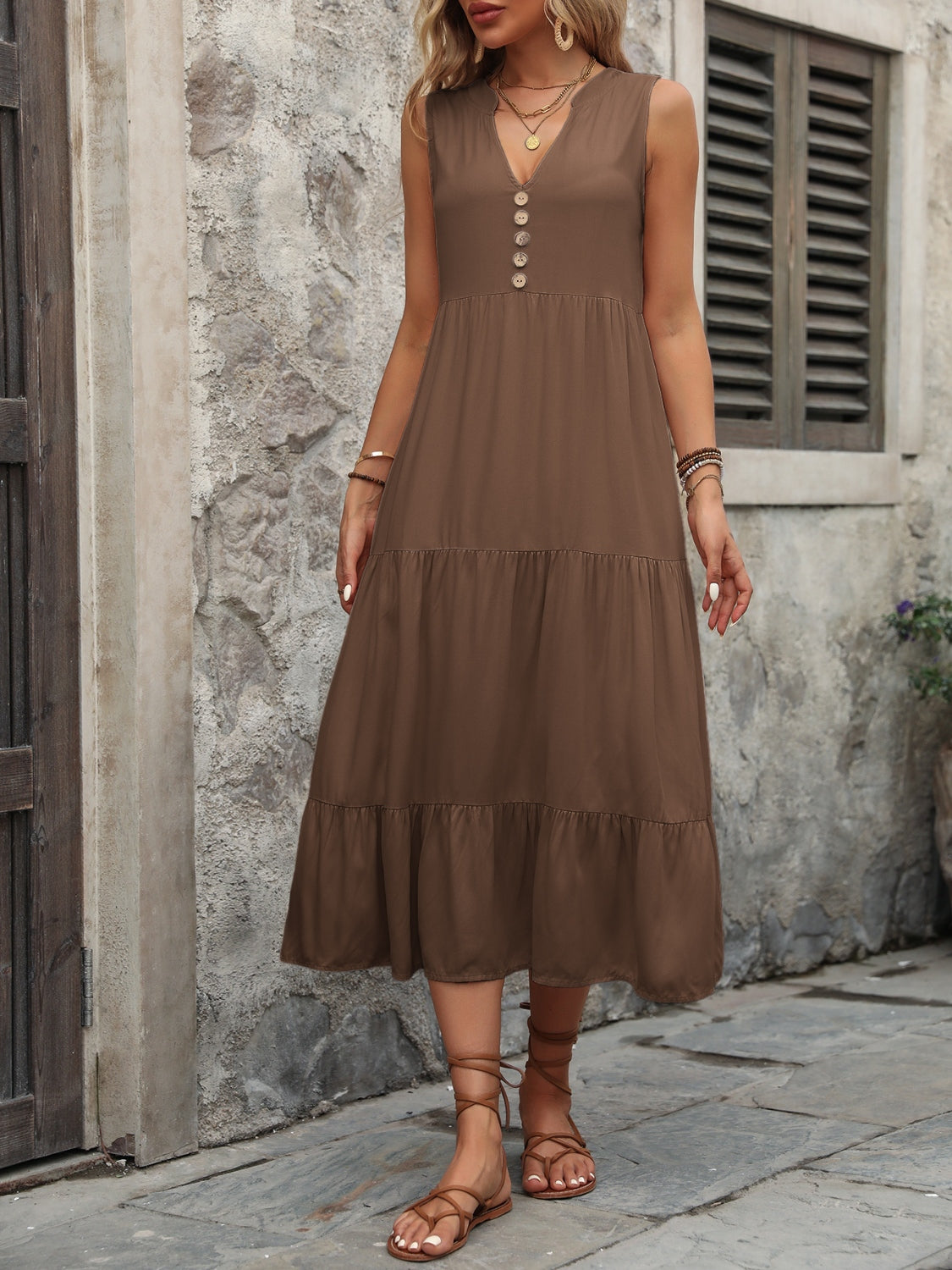 Decorative Button Notched Sleeveless Dress - store name