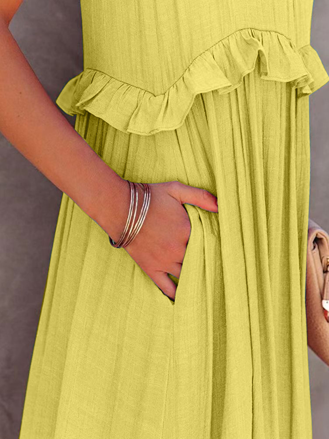 Ruffled Sleeveless Tiered Maxi Dress with Pockets - store name