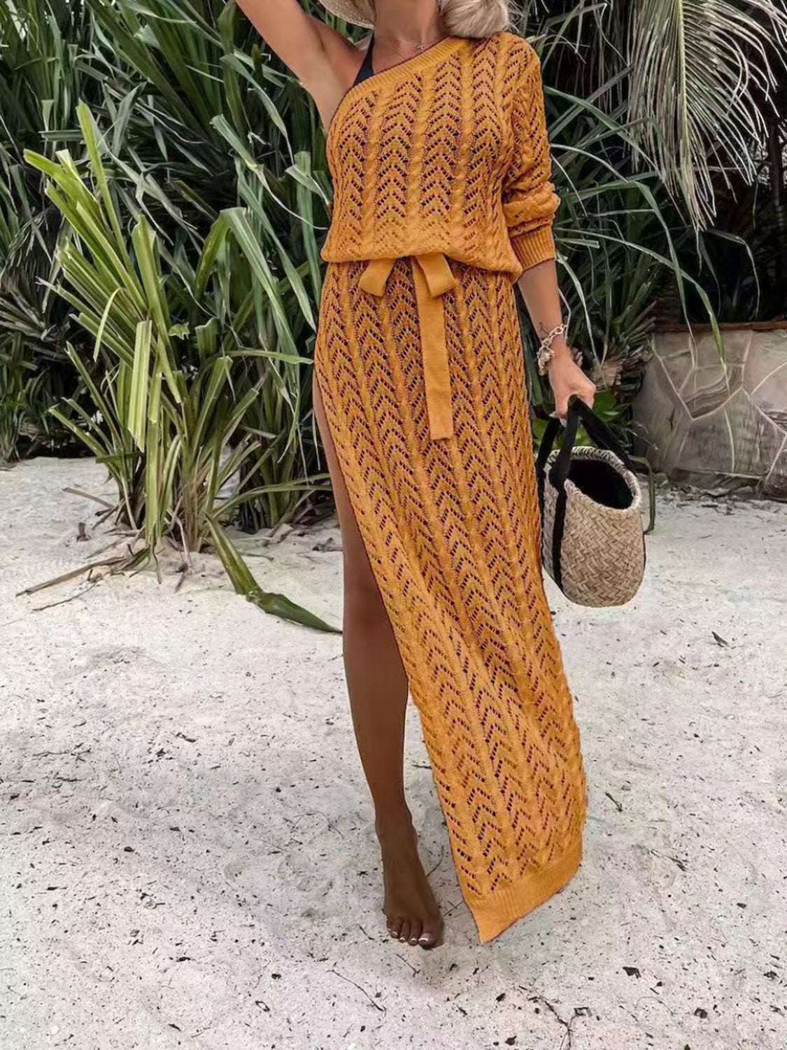 Slit Openwork Single Shoulder Knit Dress - store name