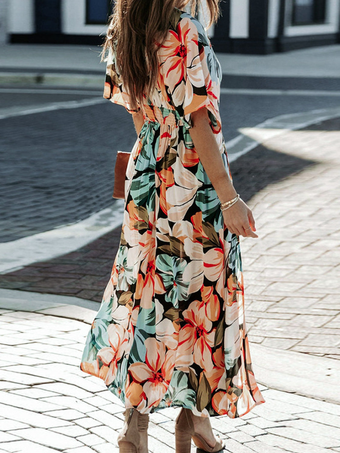 Floral Plunge Half Sleeve Dress - store name