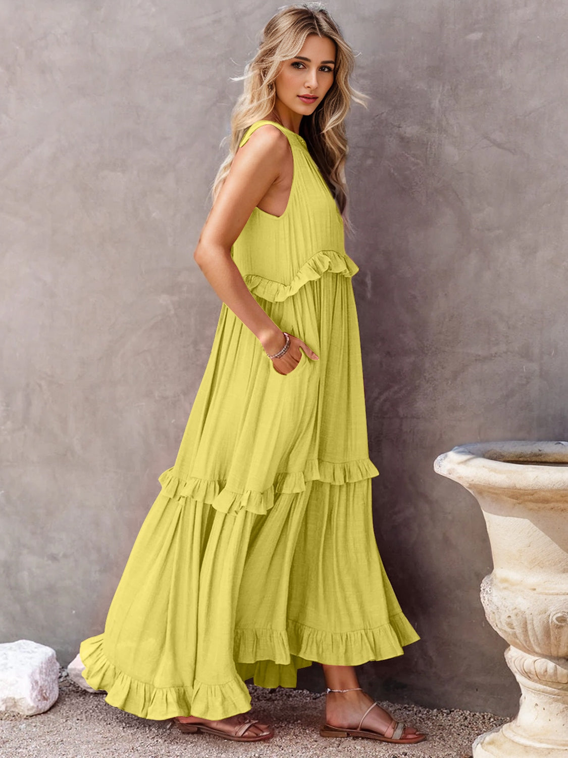 Ruffled Sleeveless Tiered Maxi Dress with Pockets - store name