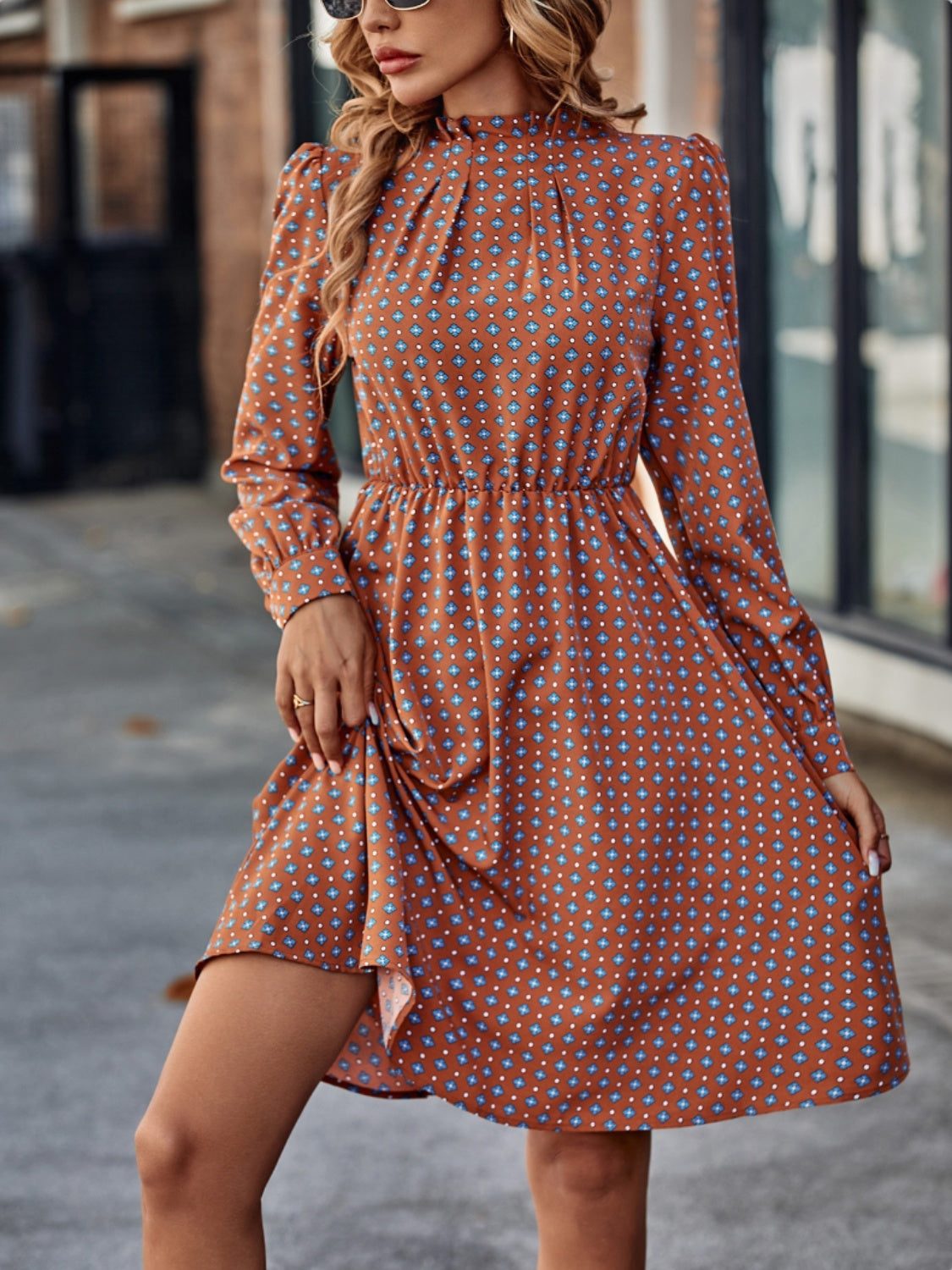 Printed Ruched Mock Neck Long Sleeve Dress - store name