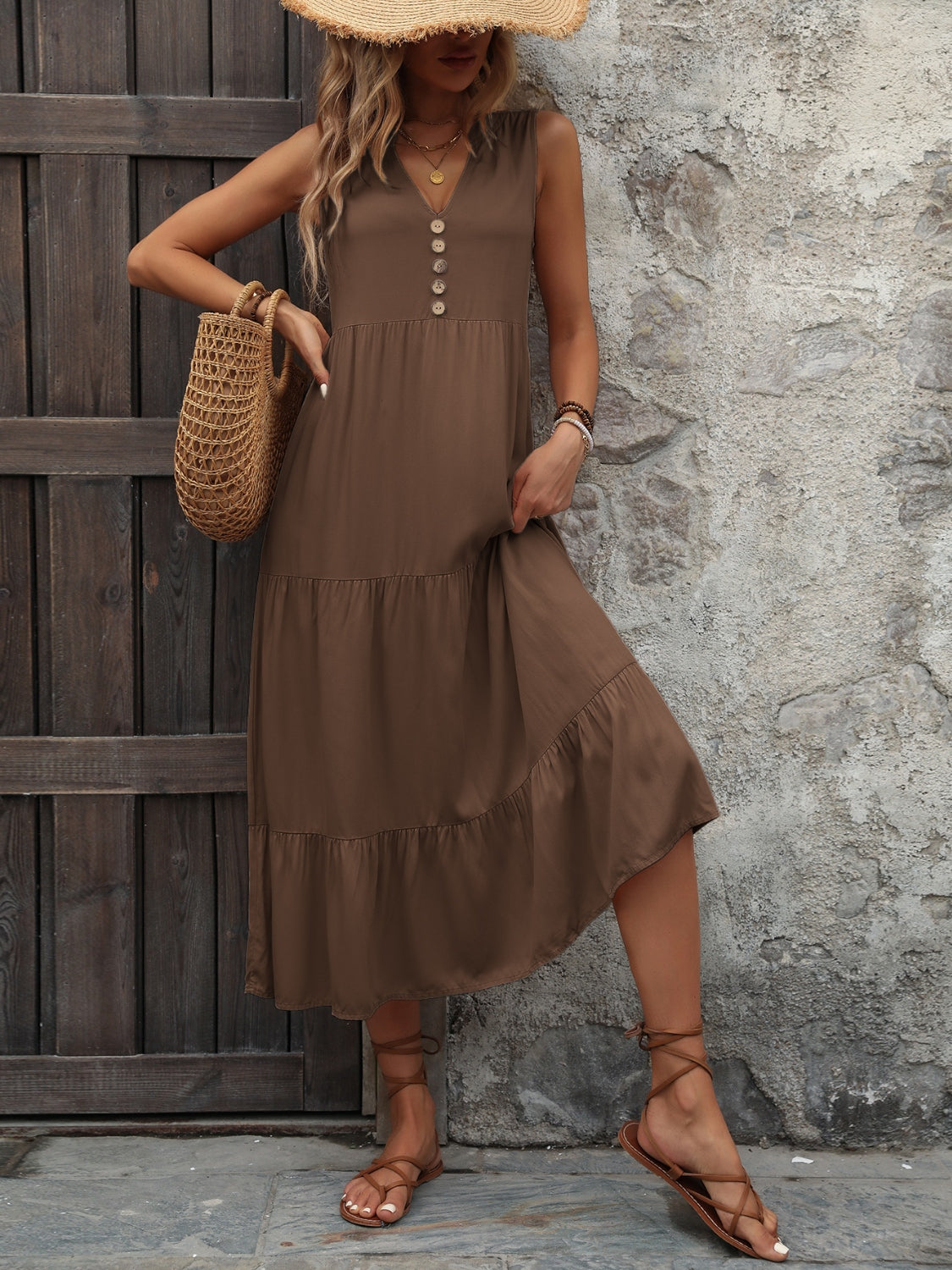 Decorative Button Notched Sleeveless Dress - store name