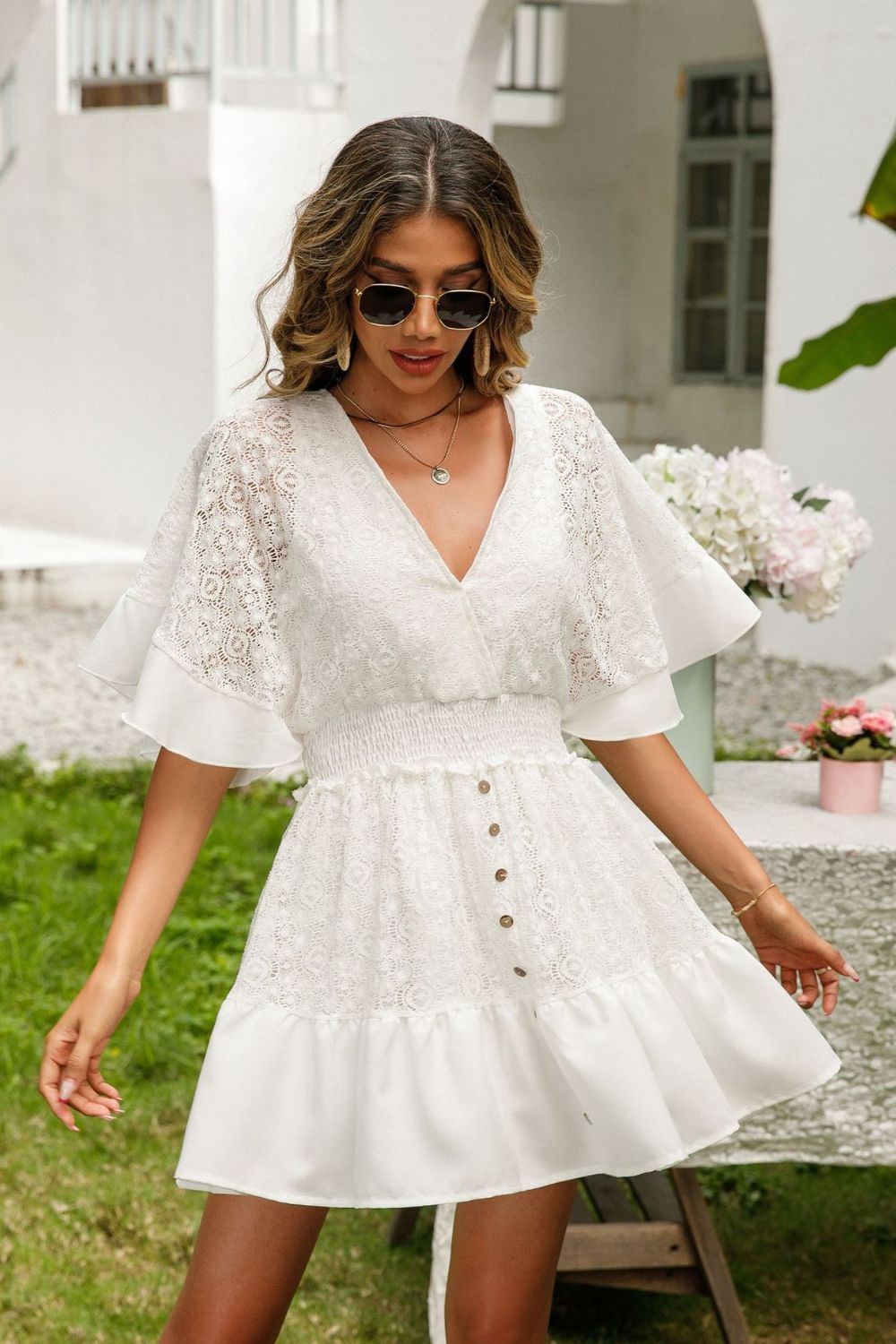 Lace Cutout Surplice Half Sleeve Dress - store name