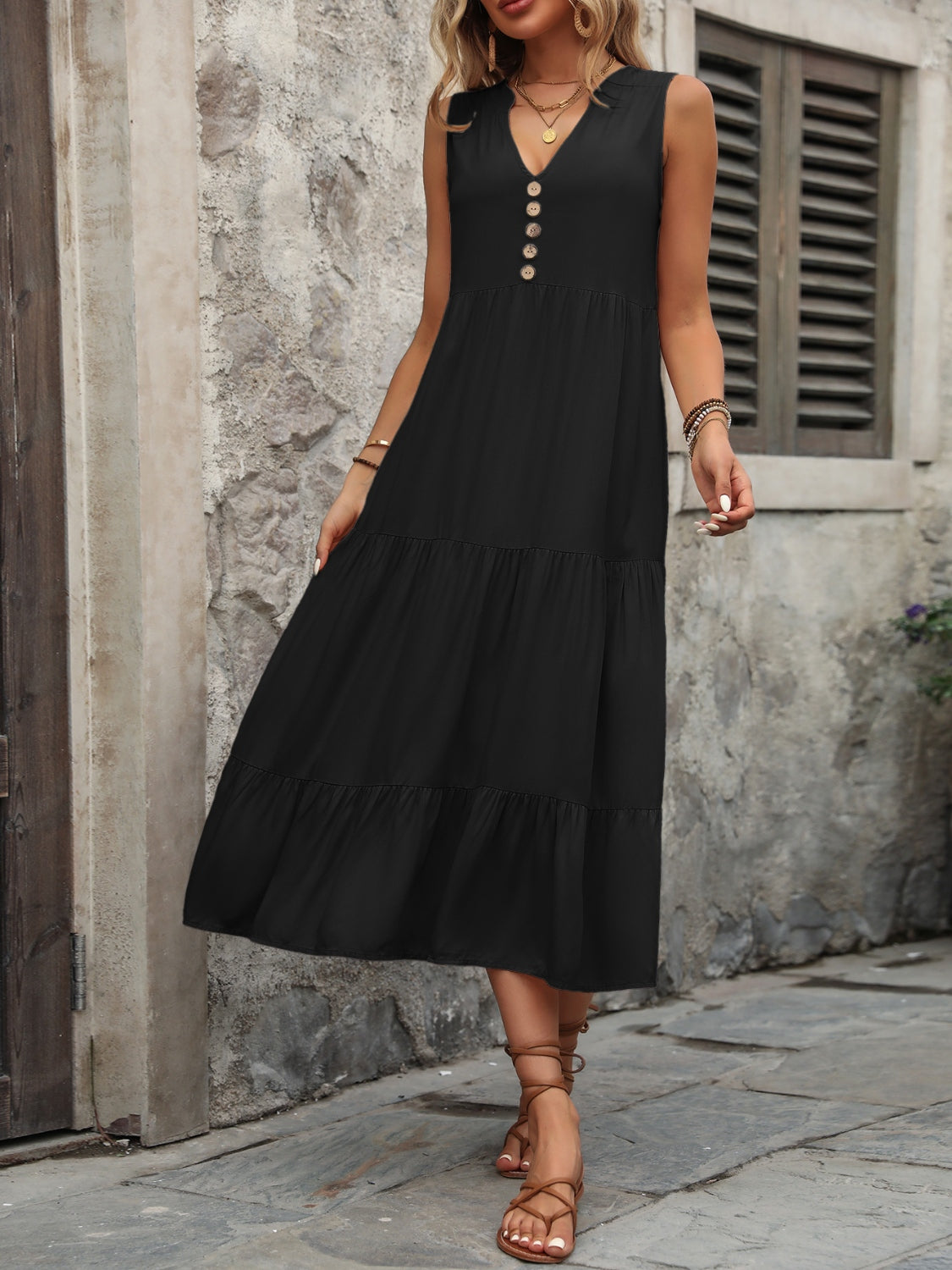 Decorative Button Notched Sleeveless Dress - store name