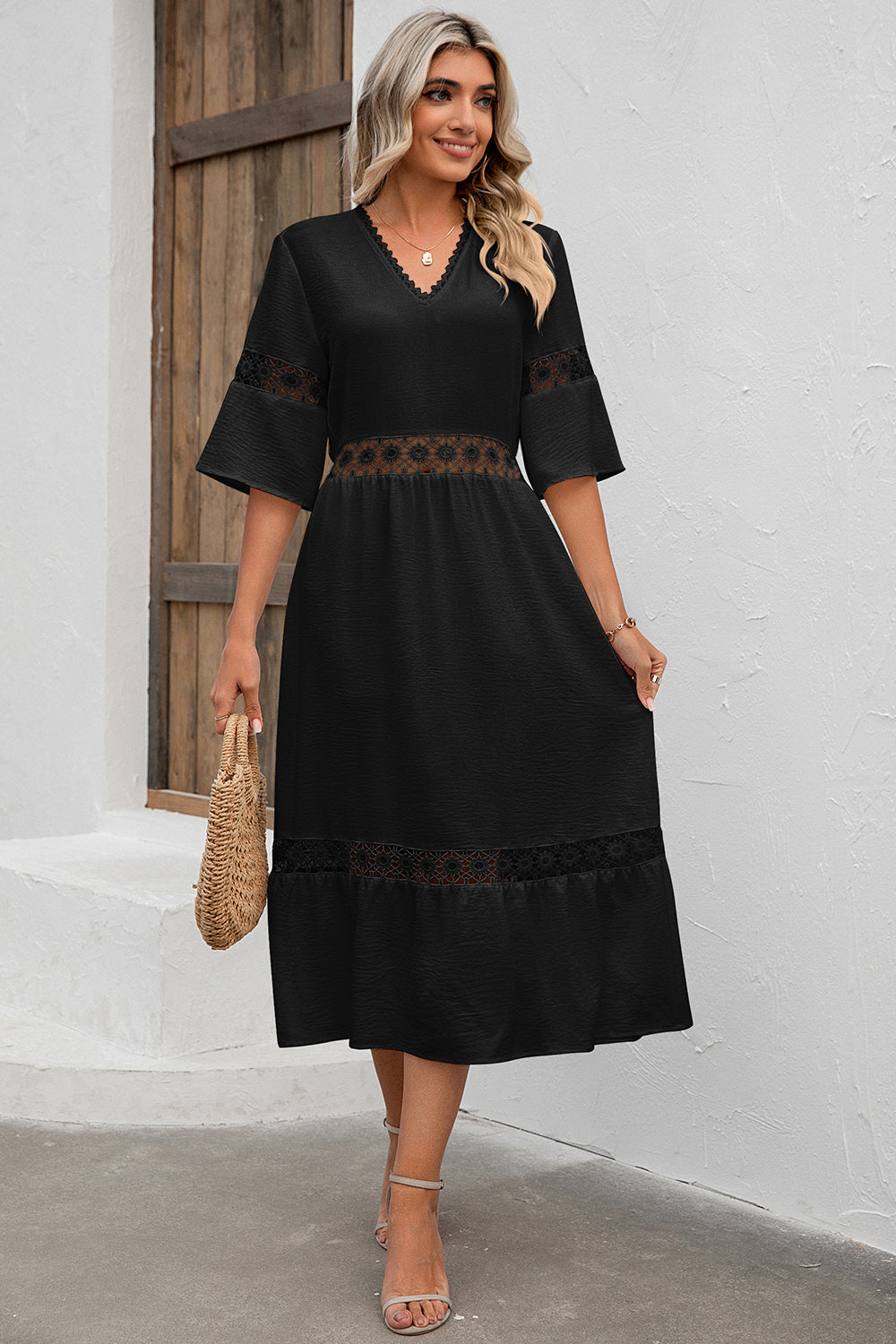 Cutout V-Neck Half Sleeve Midi Dress - store name