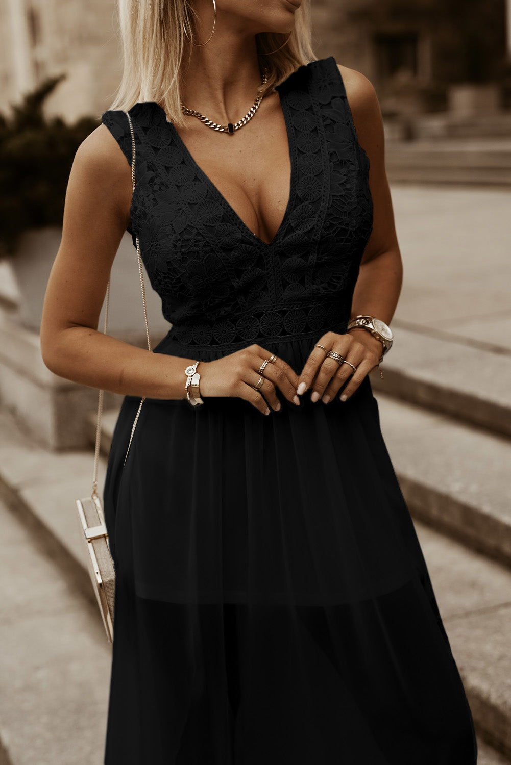 Slit Lace Detail V-Neck Dress - store name