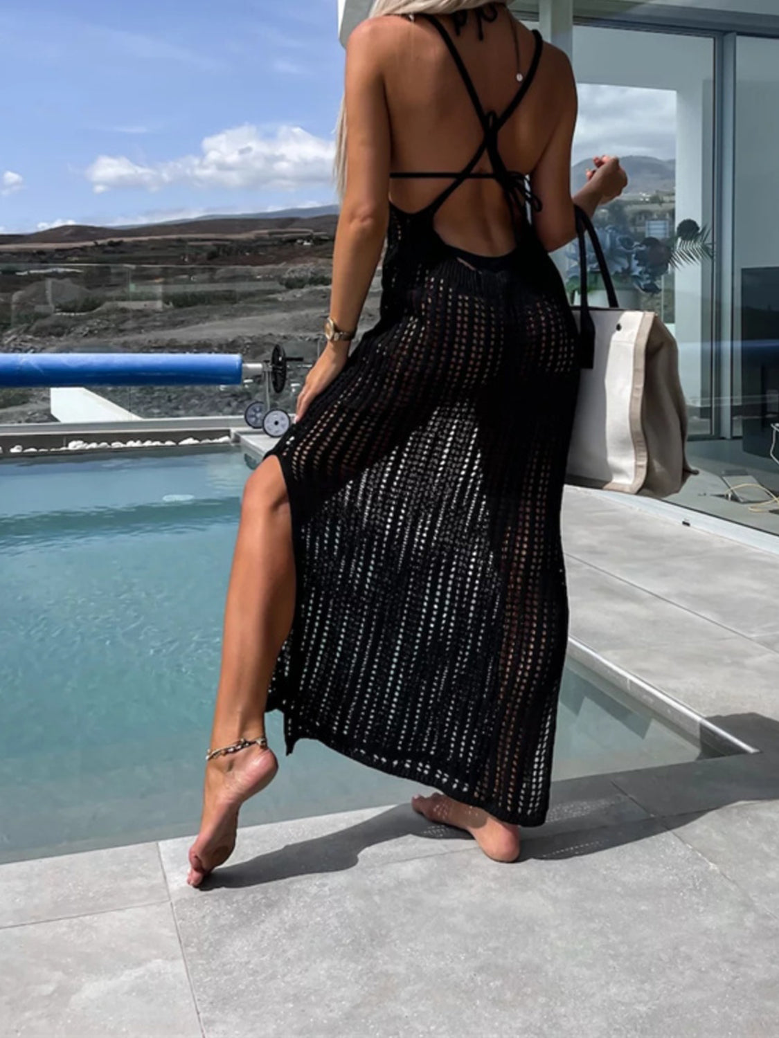 Openwork Slit Cutout Wide Strap Dress - store name