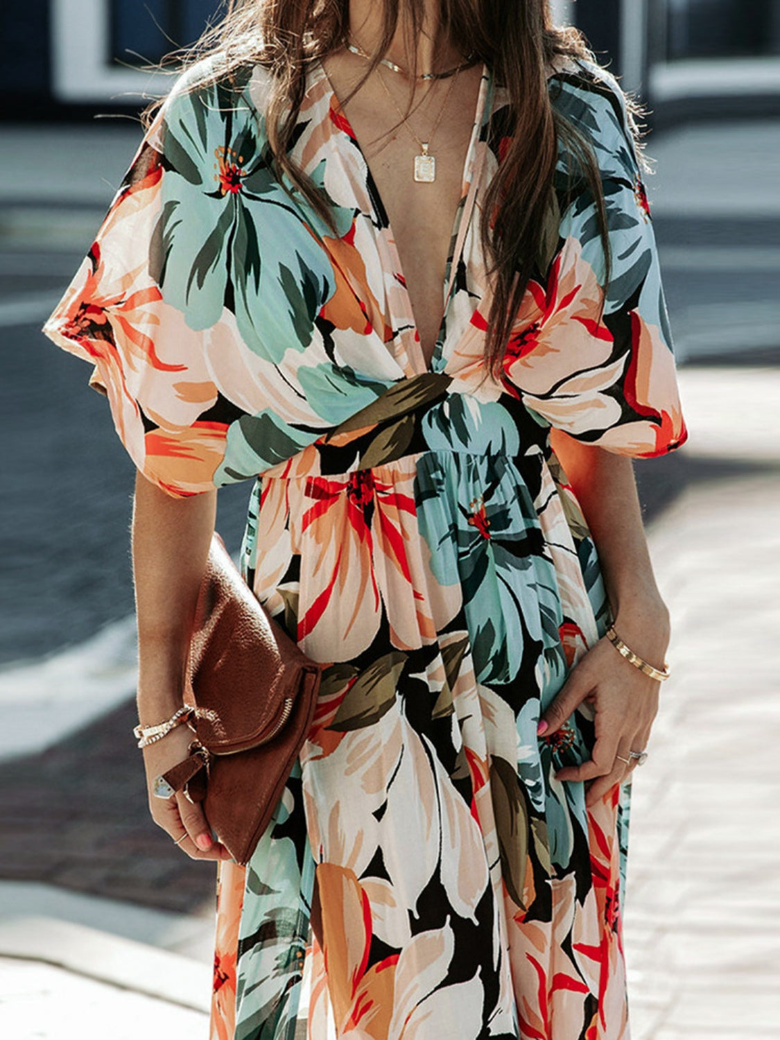 Floral Plunge Half Sleeve Dress - store name