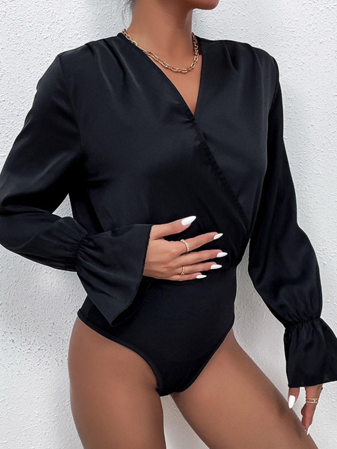 Surplice Neck Flounce Sleeve Bodysuit - store name